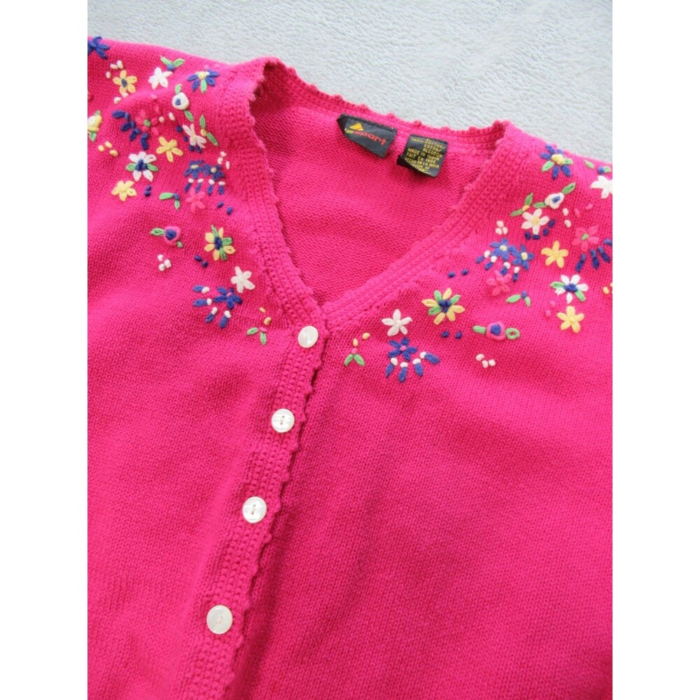 Vintage Lizsport Cardigan Women's Large Pink Floral Embroidered Sweater